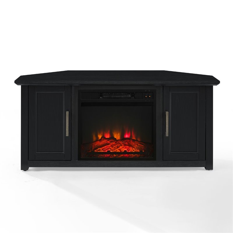 Bowery Hill MDF Black Corner TV Stand Rectangular Electric Fireplace 48