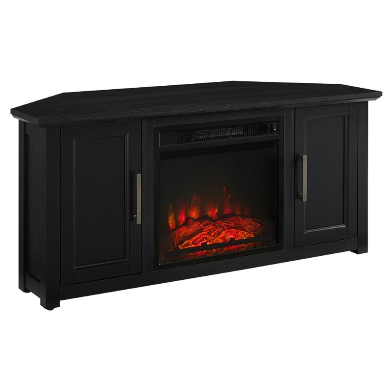 Bowery Hill MDF Black Corner TV Stand Rectangular Electric Fireplace 48