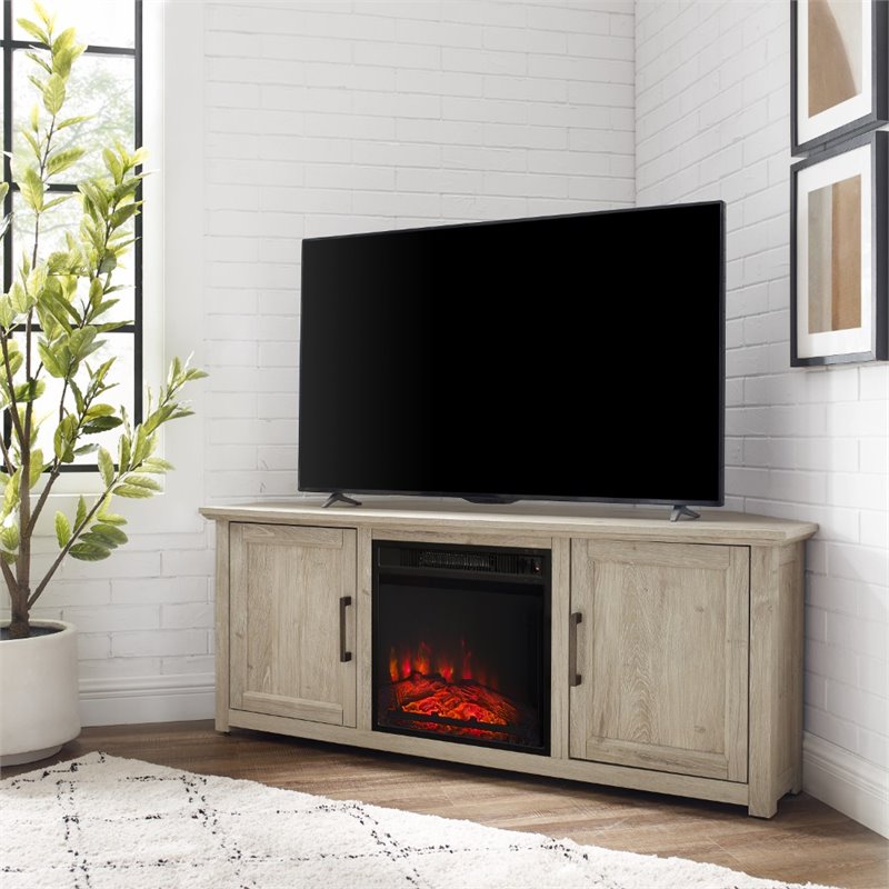 Bowery Hill MDF Frosted Oak Corner TV Stand Rectangular Electric Fireplace 58