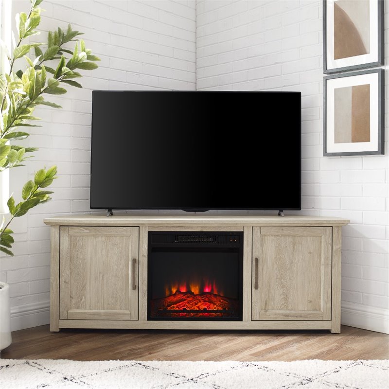 Bowery Hill MDF Frosted Oak Corner TV Stand Rectangular Electric Fireplace 58