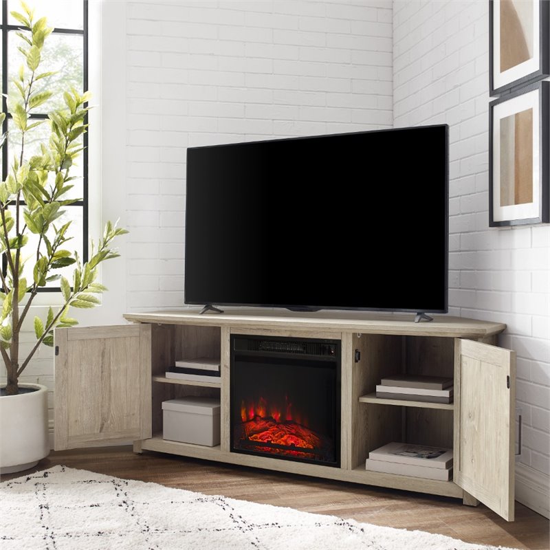 Bowery Hill MDF Frosted Oak Corner TV Stand Rectangular Electric Fireplace 58