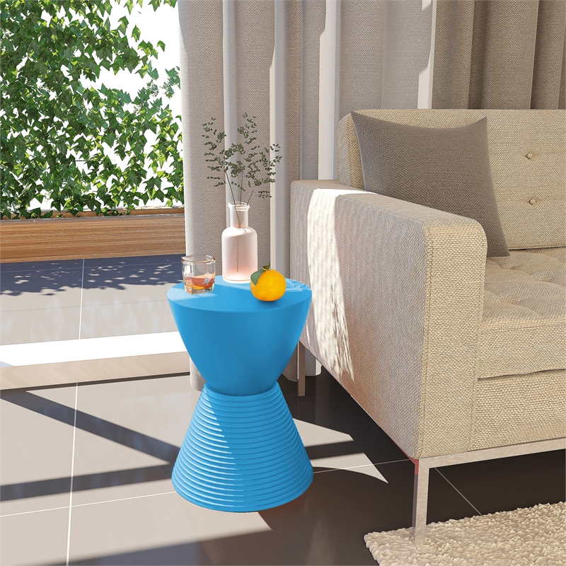 Bowery Hill Contemporary Plastic Ribbed Round End Table in Blue
