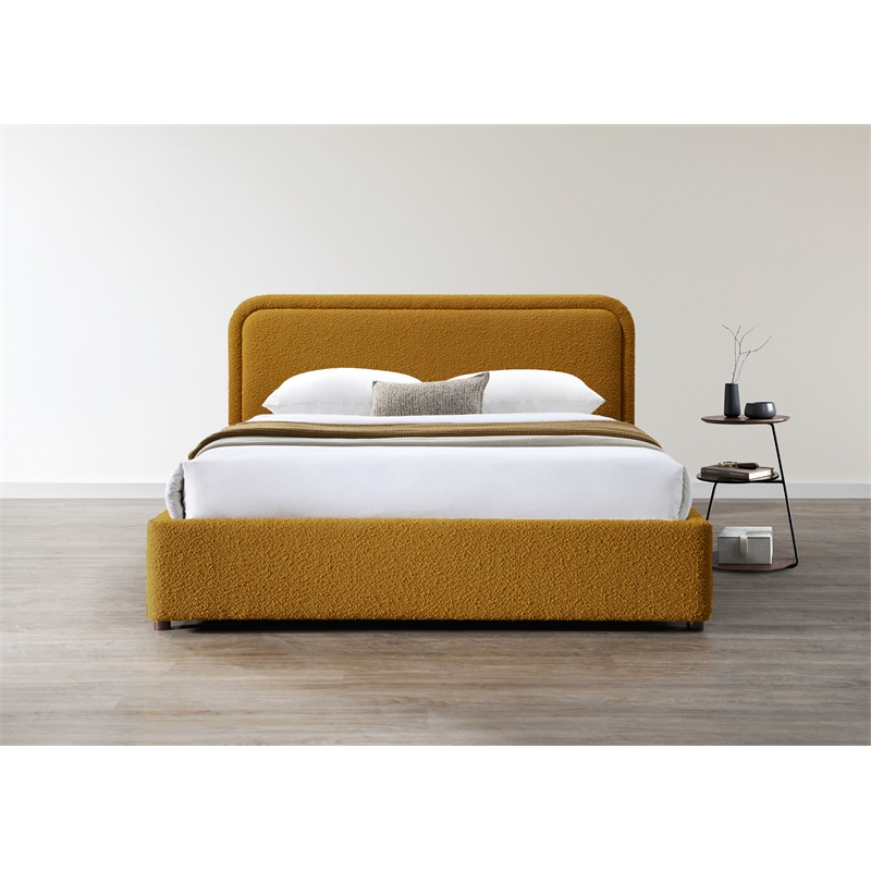 Bowery Hill Upholstered Platform Queen Bed in Mustard Boucle Fabric