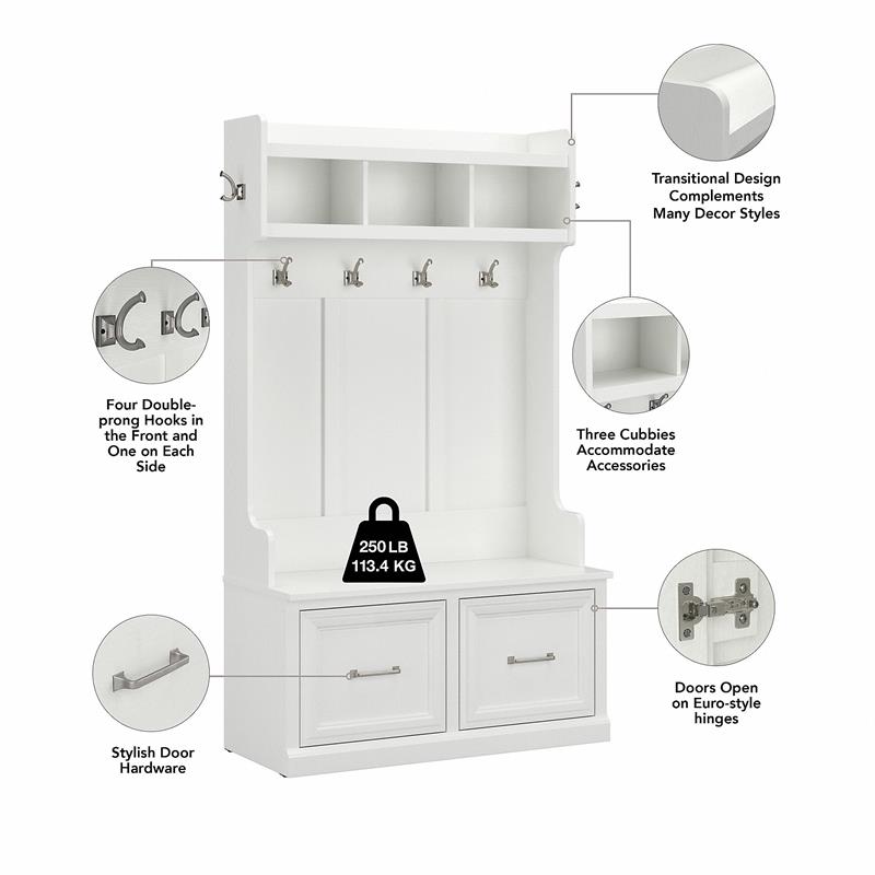 Bowery Hill 40W Engineered Wood Hall Tree and Shoe Bench with Doors in White Ash