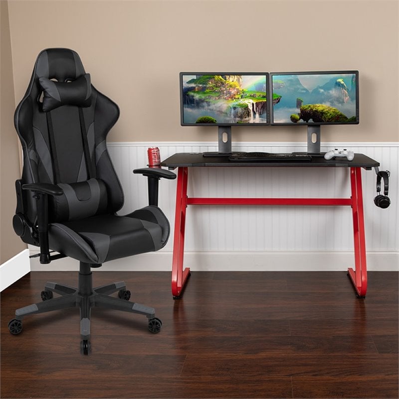 Bowery Hill Gaming Desk and Racing Reclining Chair Set in Red and Gray