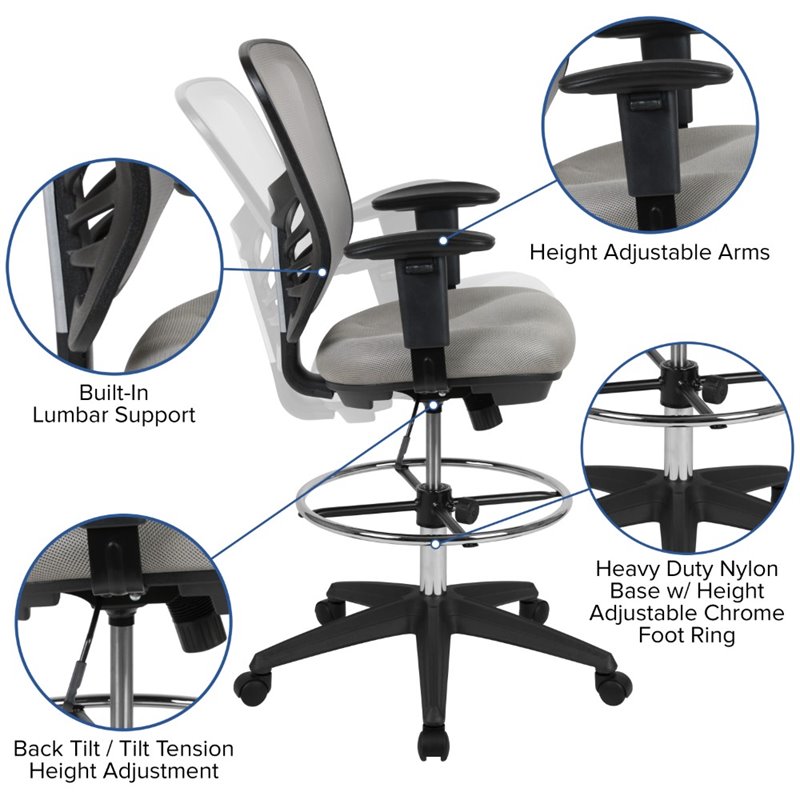 Bowery Hill Contemporary Mid Back Mesh Drafting Stool in Gray and Black