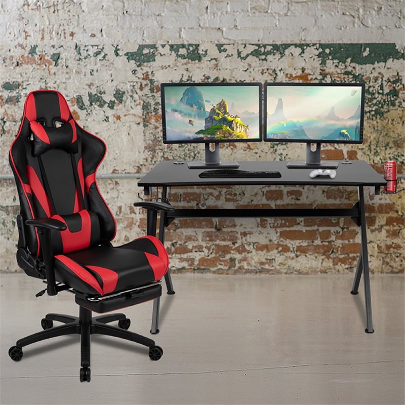 Bowery Hill Gaming Desk and Racing Reclining Chair Set in Black and Red