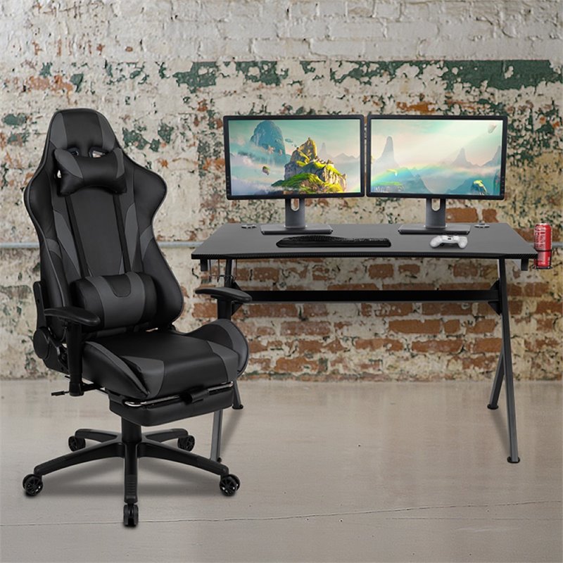 Bowery Hill Gaming Desk and Racing Reclining Chair Set in Black and Gray