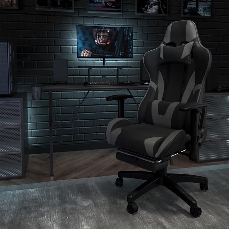 Bowery Hill Leather Racing Reclining Gaming Chair in Black and Gray