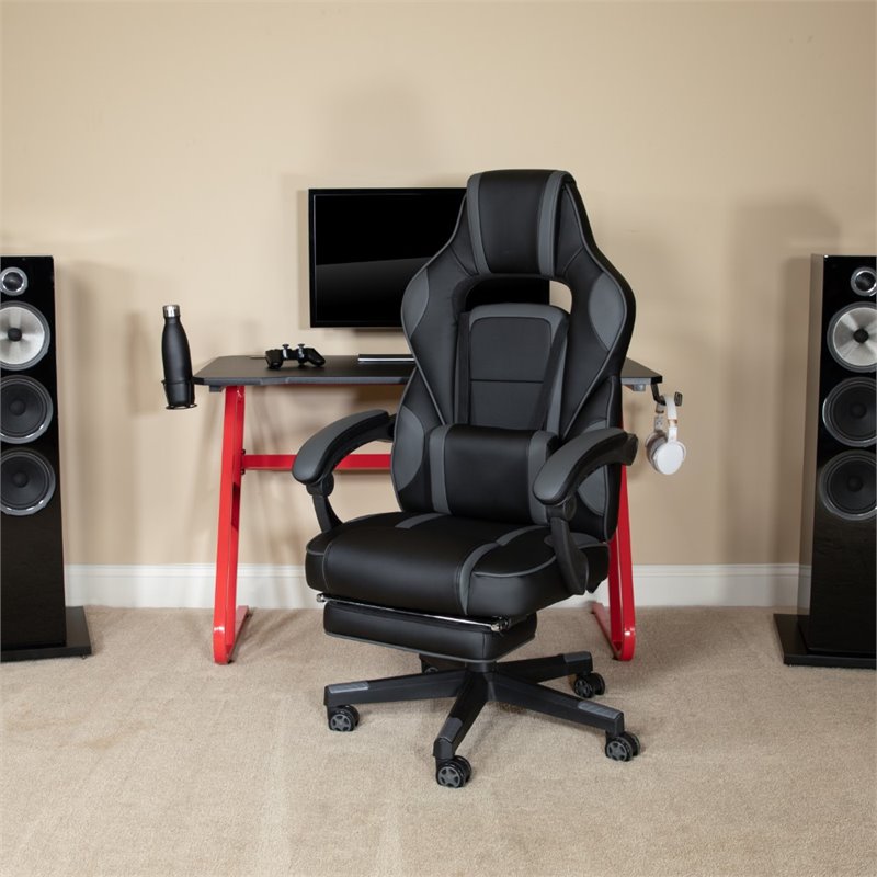 Bowery Hill Leather Ergonomic Swivel Gaming Chair in Black and Gray