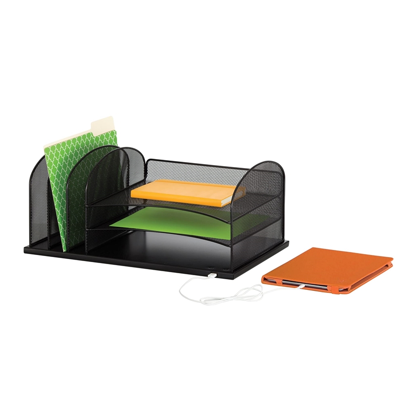 Bowery Hill Contemporary Desk Organizer with USB Charging Port in Black