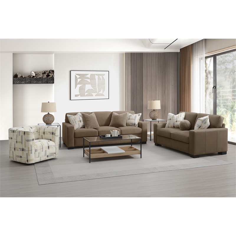 Bowery Hill Transitional Fabric Upholstered Sofa with 4 Pillows in Brown