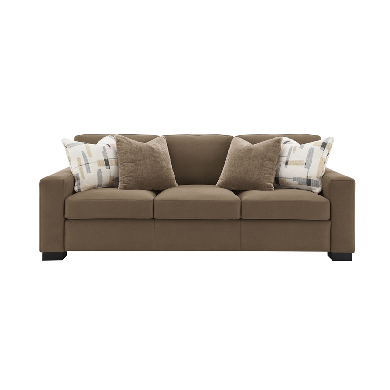Bowery Hill Transitional Fabric Upholstered Sofa with 4 Pillows in Brown
