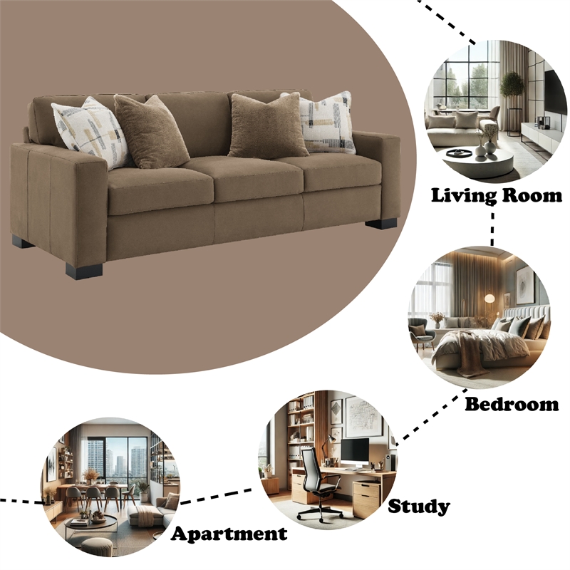 Bowery Hill Transitional Fabric Upholstered Sofa with 4 Pillows in Brown