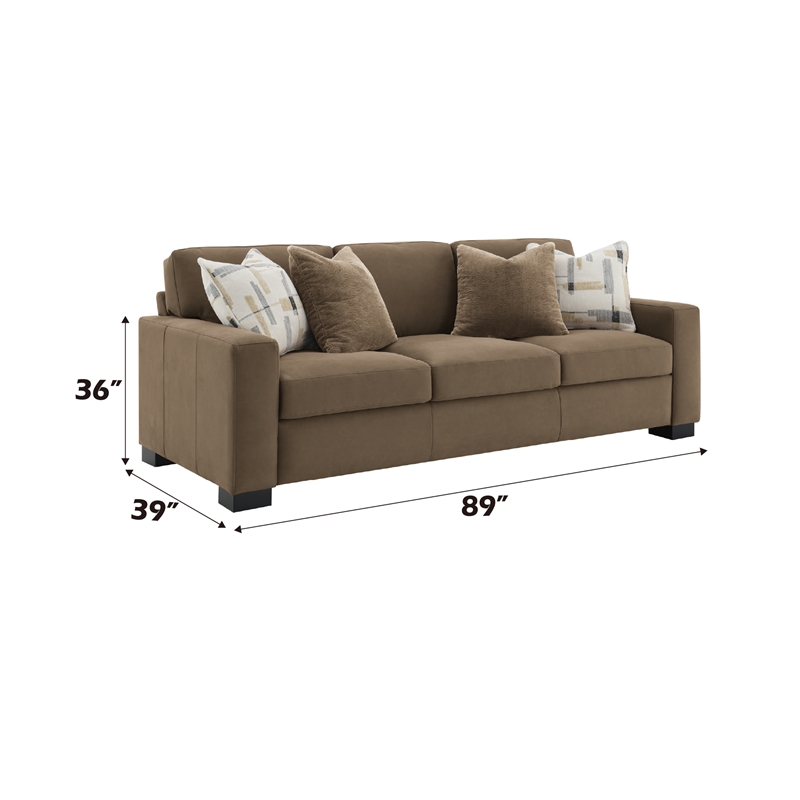 Bowery Hill Transitional Fabric Upholstered Sofa with 4 Pillows in Brown