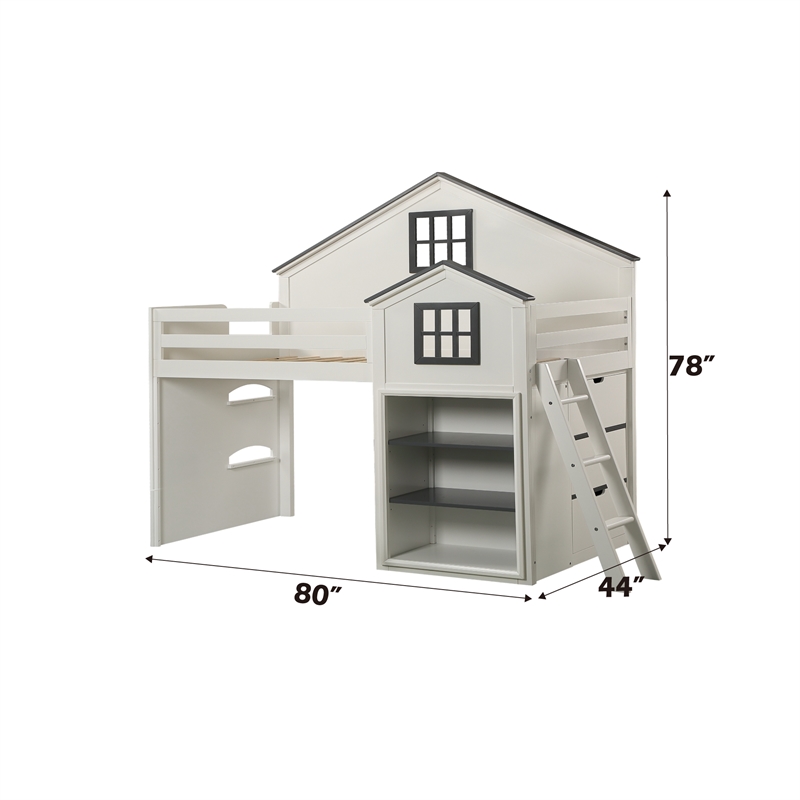Bowery Hill Wood House-Shaped Loft Bed with Built-in Bookshelf in White & Gray