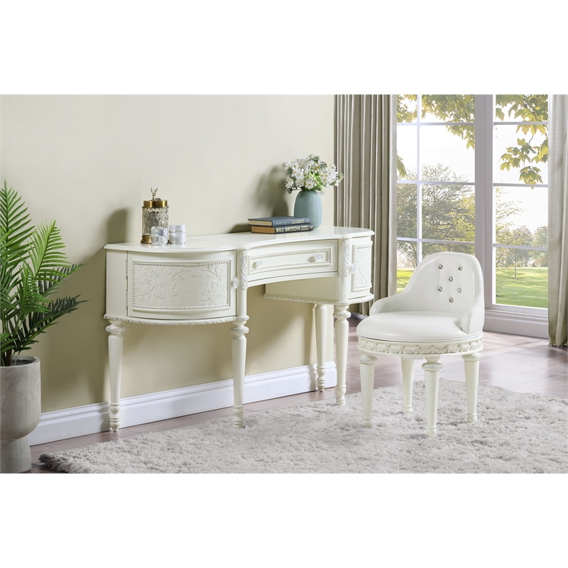 Bowery Hill Wood/PU Leather Round Swivel Chair in Pearl White & Ivory