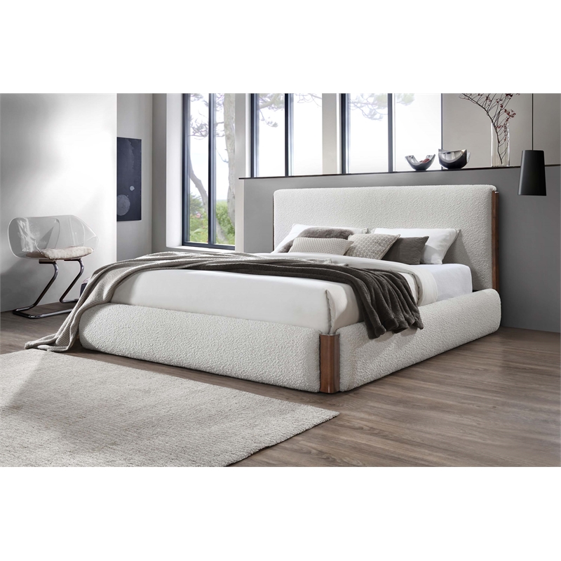 Bowery Hill Fabric Upholstered Eastern King Bed in White & Walnut