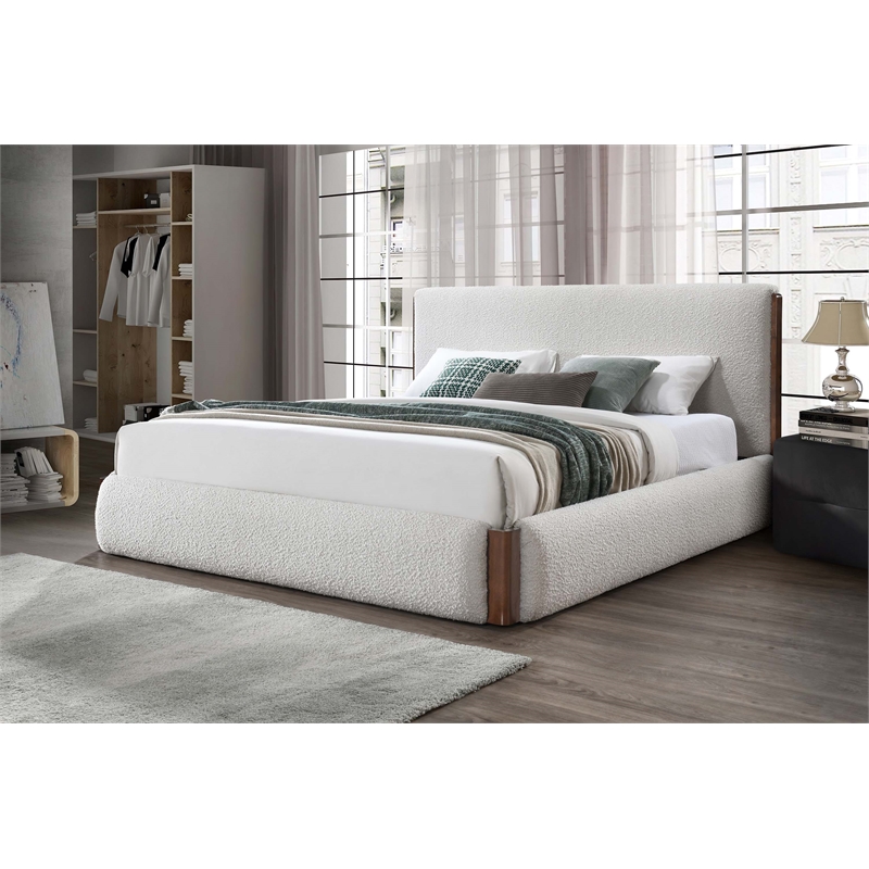Bowery Hill Fabric Upholstered Eastern King Bed in White & Walnut