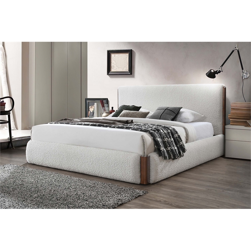 Bowery Hill Fabric Upholstered Eastern King Bed in White & Walnut