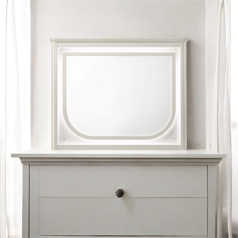 Bowery Hill Wood Rectangular Beveled Mirror with LED in Pearl White