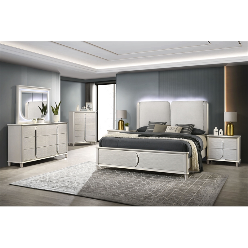 Bowery Hill Wood Rectangular Beveled Mirror with LED in Pearl White