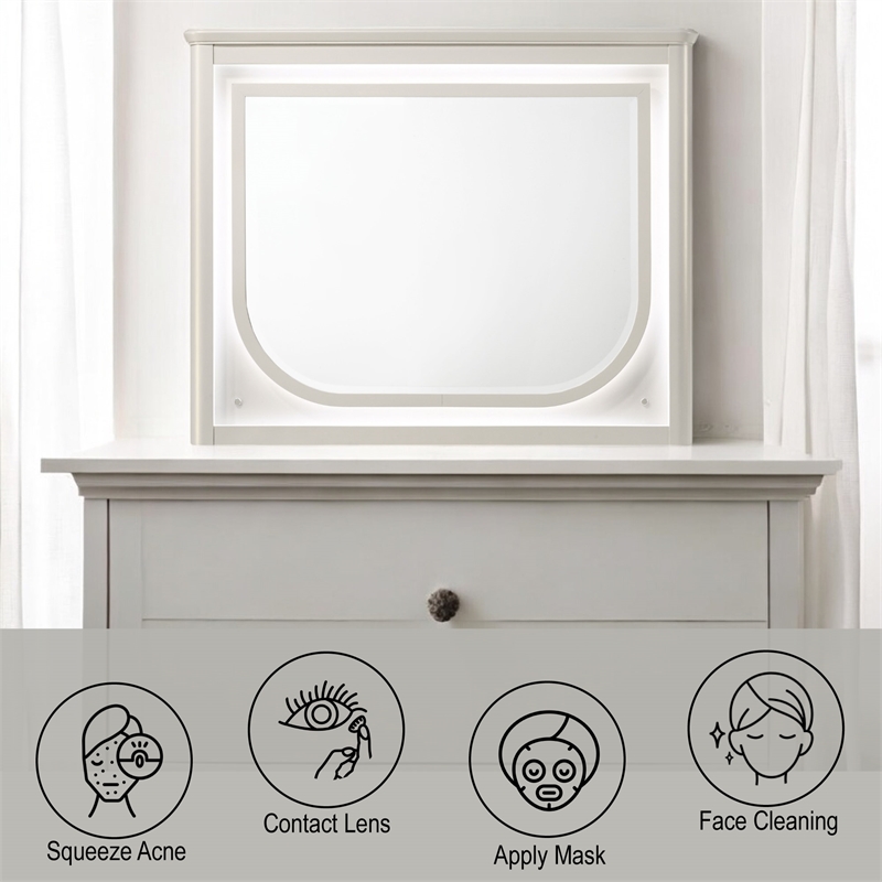 Bowery Hill Wood Rectangular Beveled Mirror with LED in Pearl White