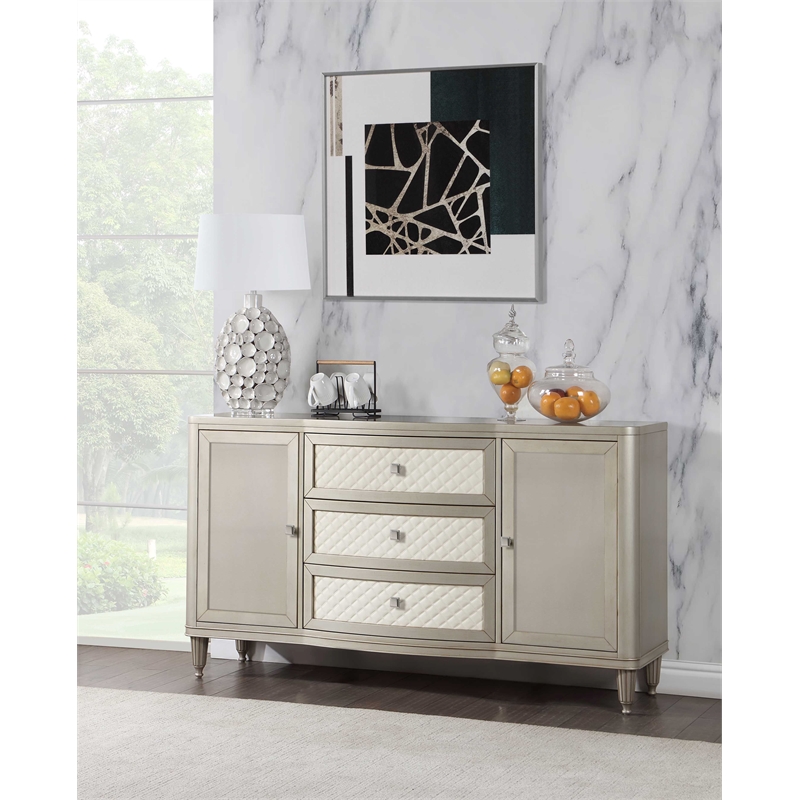Bowery Hill 3-Drawer Wood Storage Server with Fluted Legs in Champagne Gray