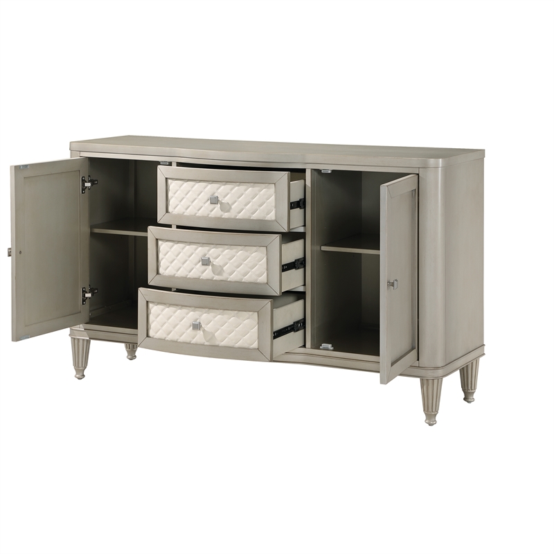 Bowery Hill 3-Drawer Wood Storage Server with Fluted Legs in Champagne Gray