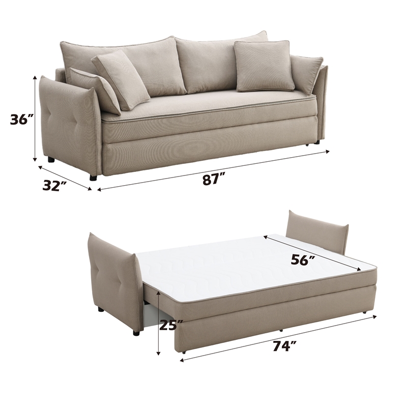Bowery Hill Fabric Upholstered Sofa with Full Size Sleeper & 4 Pillows in Beige