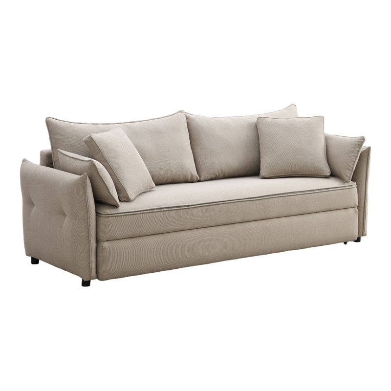 Bowery Hill Fabric Upholstered Sofa with Full Size Sleeper & 4 Pillows in Beige
