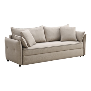 Bowery Hill Fabric Upholstered Sofa with Full Size Sleeper & 4 Pillows in Beige