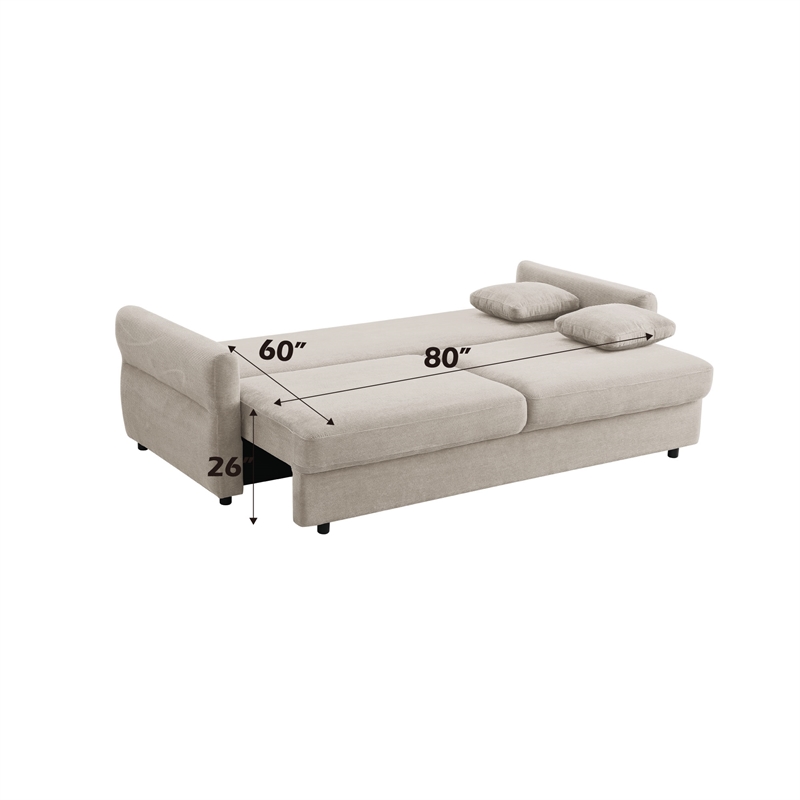 Bowery Hill Fabric Upholstered Sofa with Queen Size Sleeper & 2 Pillows in Beige