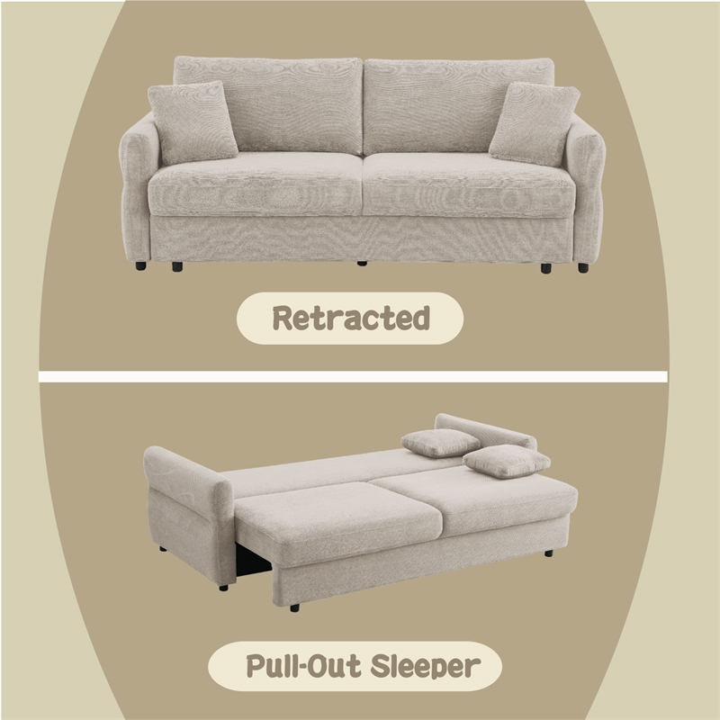 Bowery Hill Fabric Upholstered Sofa with Queen Size Sleeper & 2 Pillows in Beige