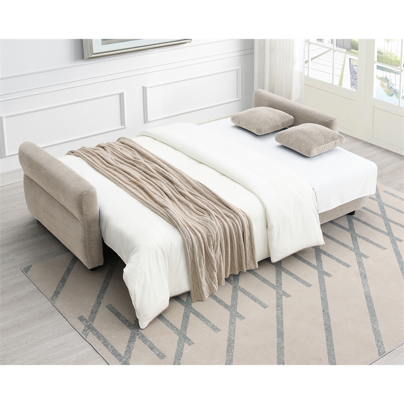Bowery Hill Fabric Upholstered Sofa with Queen Size Sleeper & 2 Pillows in Beige