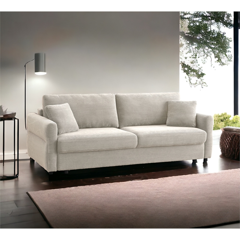 Bowery Hill Fabric Upholstered Sofa with Queen Size Sleeper & 2 Pillows in Beige