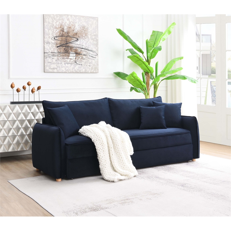 Bowery Hill Velvet Fabric Upholstered Sofa with Sleeper and 3 Pillows in Blue