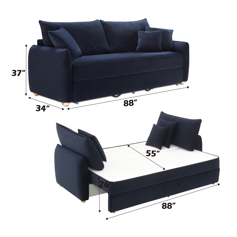 Bowery Hill Velvet Fabric Upholstered Sofa with Sleeper and 3 Pillows in Blue