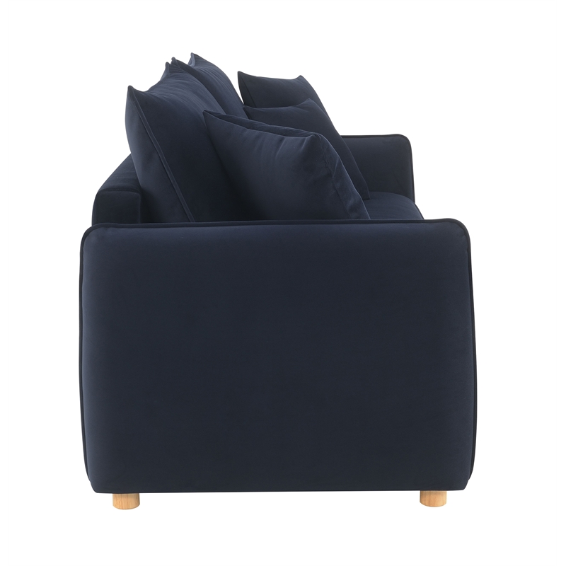 Bowery Hill Velvet Fabric Upholstered Sofa with Sleeper and 3 Pillows in Blue