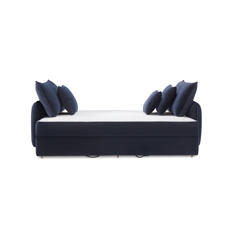Bowery Hill Velvet Fabric Upholstered Sofa with Sleeper and 3 Pillows in Blue