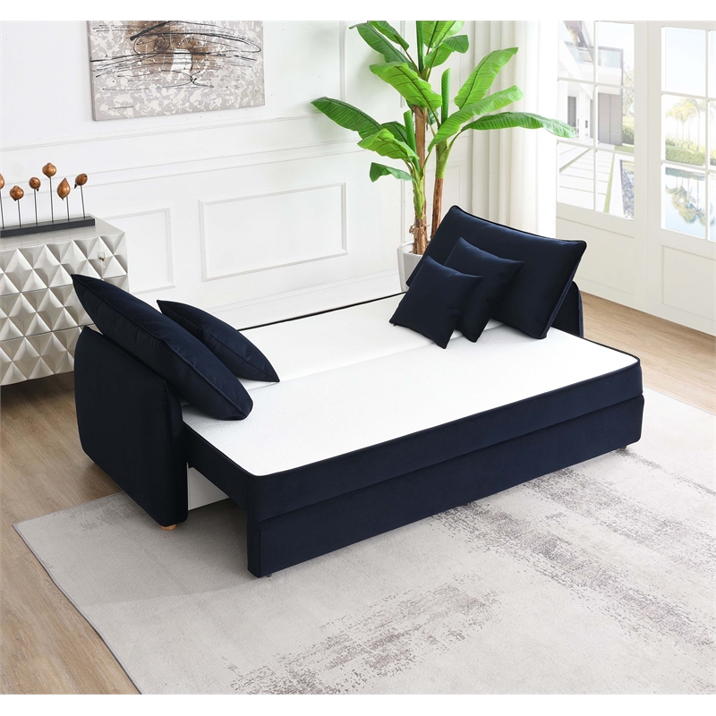 Bowery Hill Velvet Fabric Upholstered Sofa with Sleeper and 3 Pillows in Blue