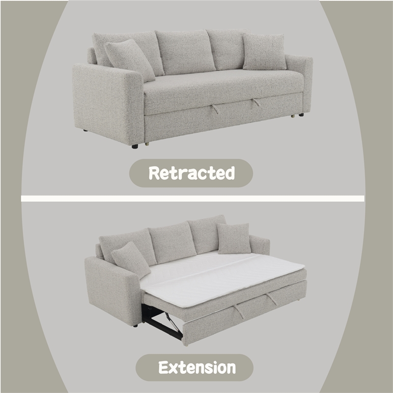 Bowery Hill Fabric Upholstered Sofa with Sleeper and 2 Pillows in Beige
