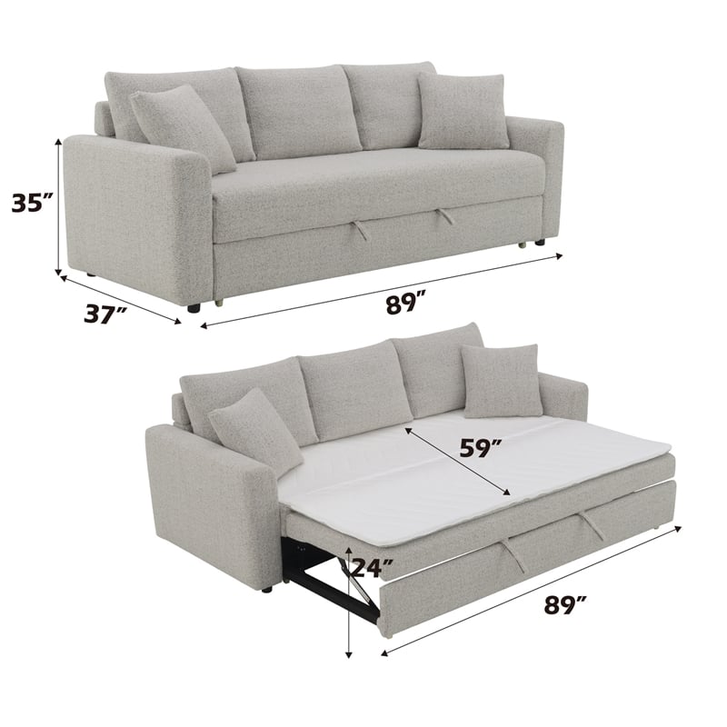 Bowery Hill Fabric Upholstered Sofa with Sleeper and 2 Pillows in Beige