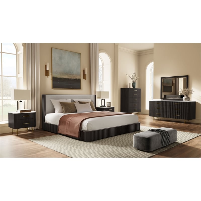 Bowery Hill Wood Upholstered Eastern King Bed in White & Espresso