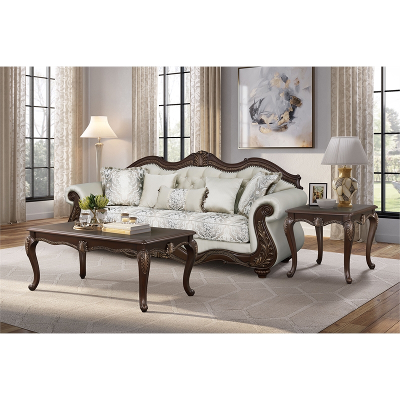 Bowery Hill Wood Rectangular Coffee Table with Floral Trim in Cherry