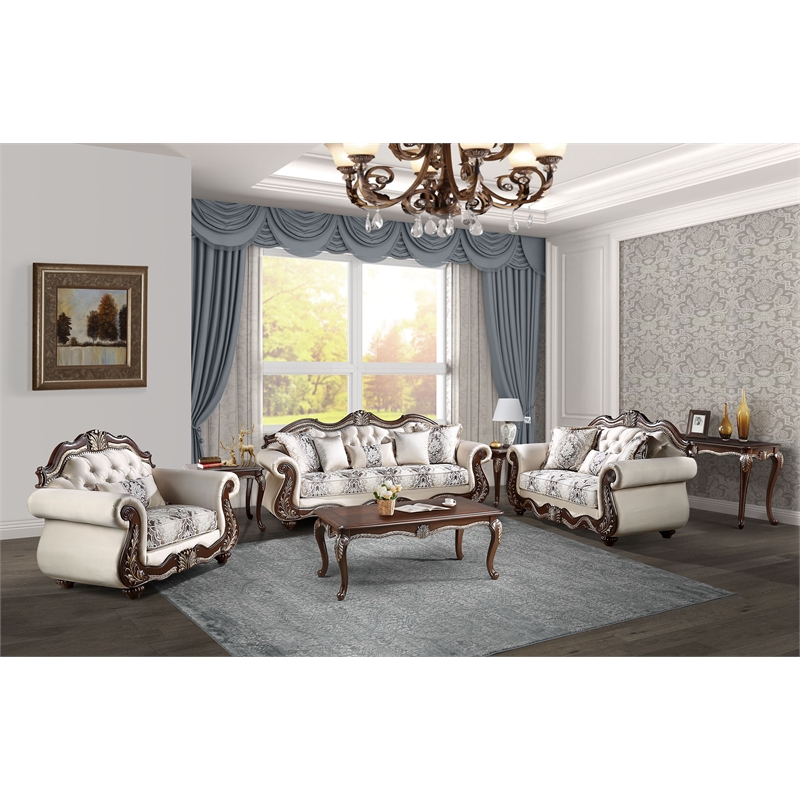 Bowery Hill Wood Rectangular Coffee Table with Floral Trim in Cherry