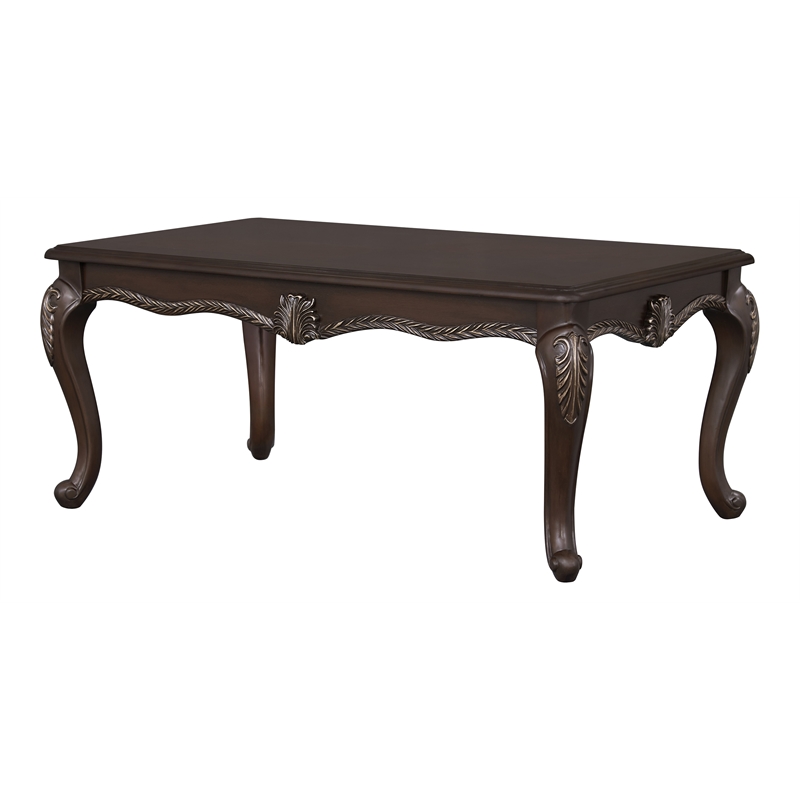 Bowery Hill Wood Rectangular Coffee Table with Floral Trim in Cherry