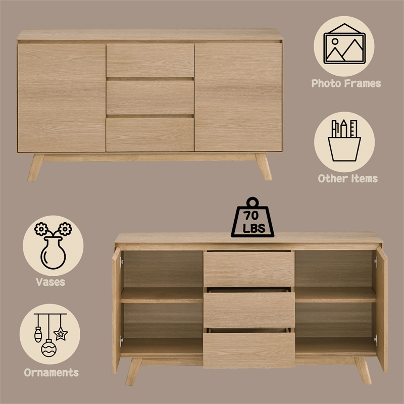 Bowery Hill 3-Drawer Transitional Wood Server with Four Angled Legs in Oak