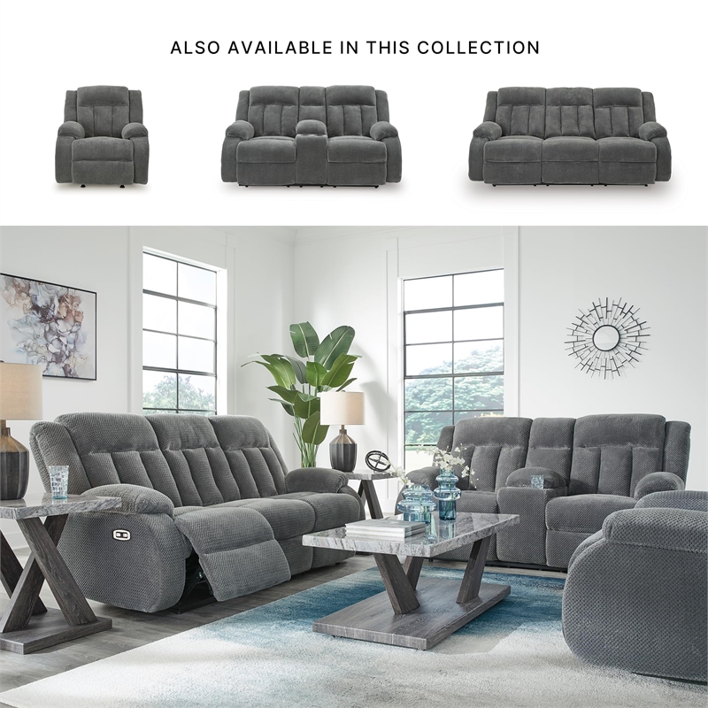 Bowery Hill Contemporary Polyester Gray Power Reclining Loveseat with Console