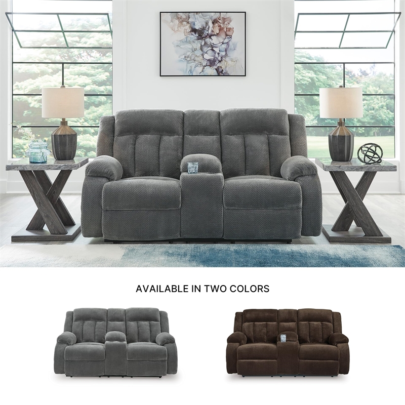 Bowery Hill Contemporary Polyester Gray Power Reclining Loveseat with Console